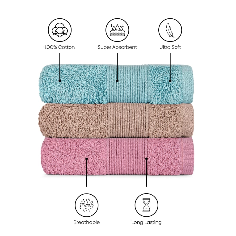 100% Cotton Harmonry Combed Face Towel- Pack Of 12 (Cameo Pink, Almond, Coastal Blue) - Image 3