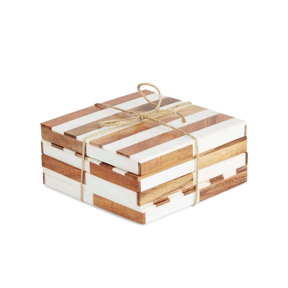 Timber Wood & Resin stripe coaster set of 4, White & Natural - Image 3
