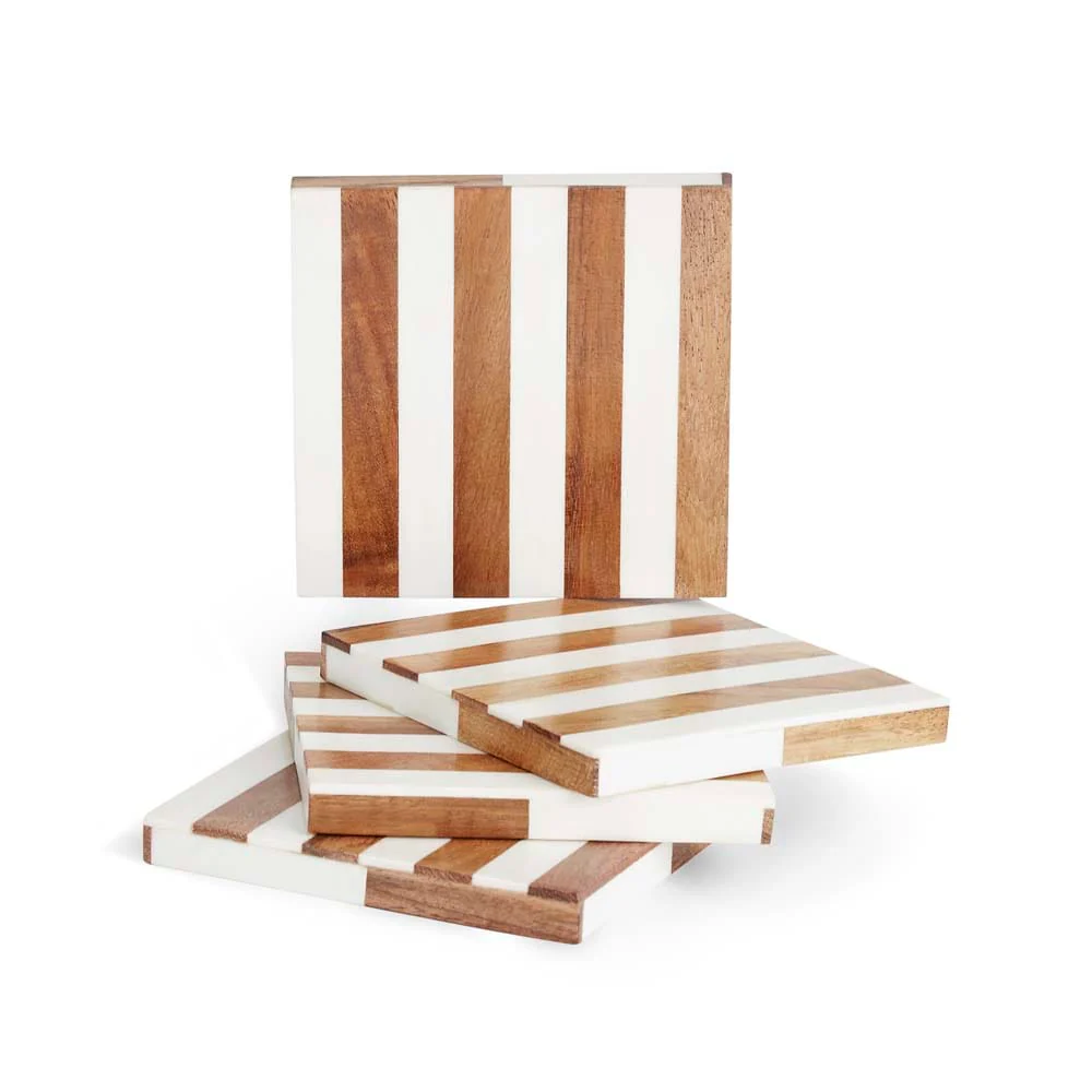 Timber Wood & Resin stripe coaster set of 4, White & Natural - Image 4