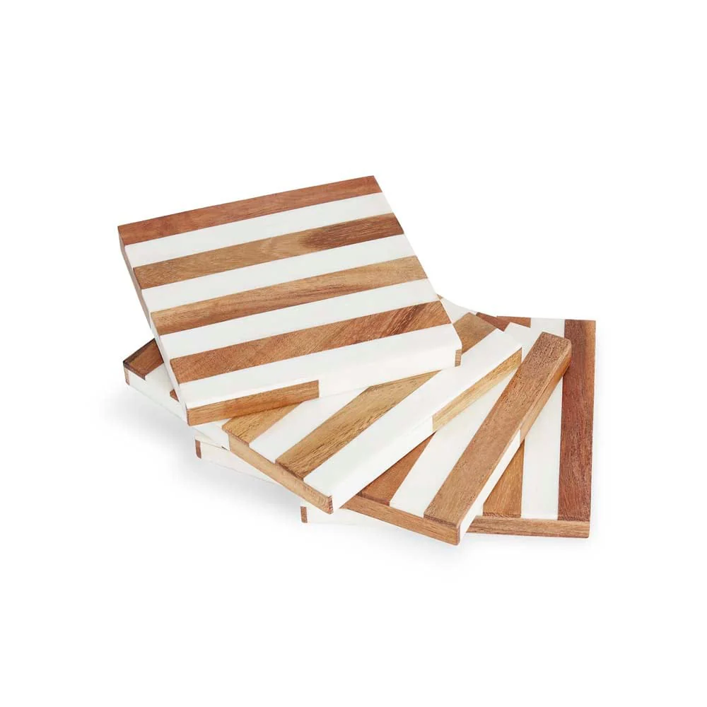 Timber Wood & Resin stripe coaster set of 4, White & Natural - Image 5