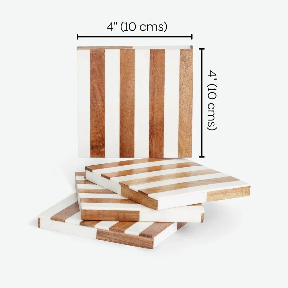 Timber Wood & Resin stripe coaster set of 4, White & Natural - Image 6