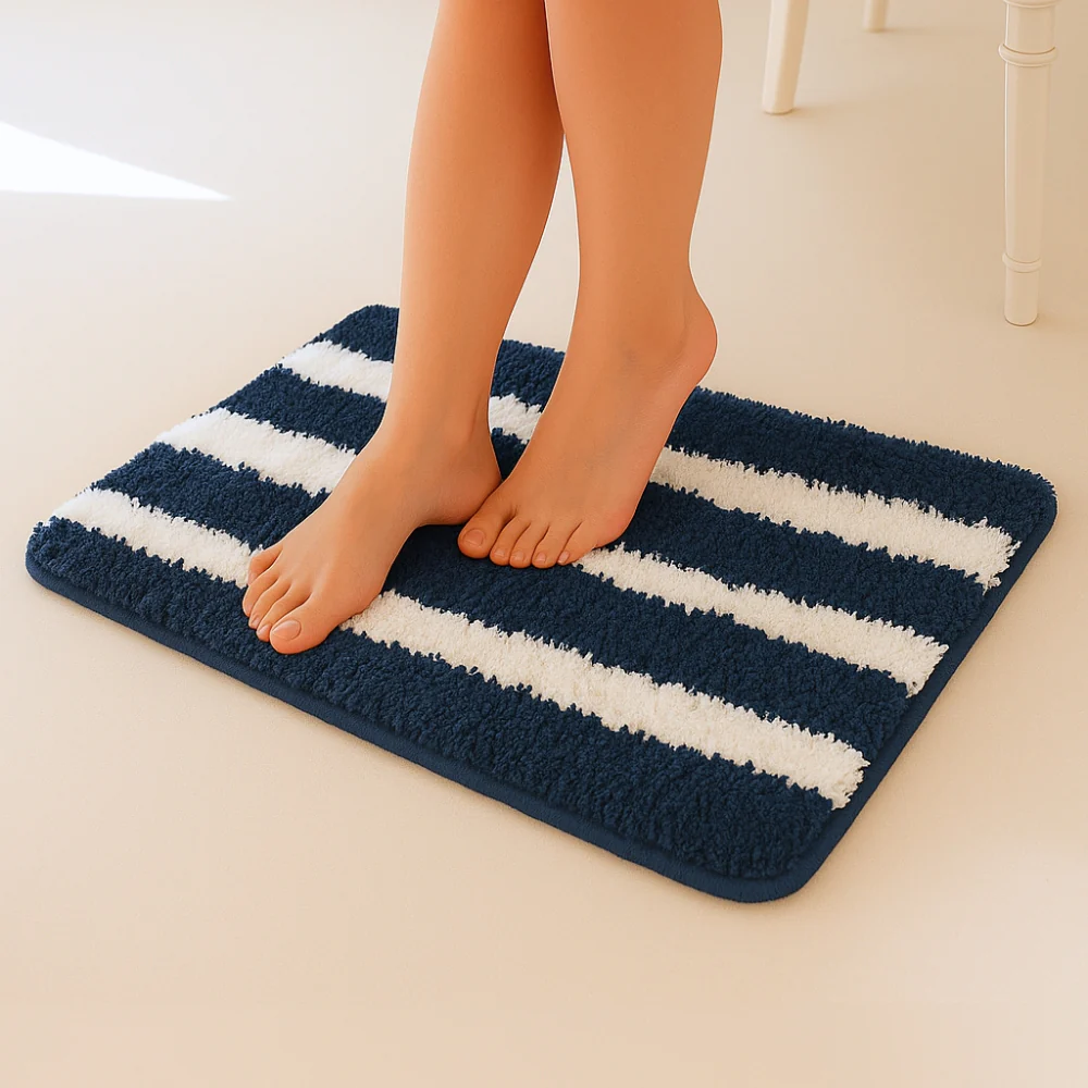 Plush Microfiber Stripe Bathmat, Dark Blue - Image 7