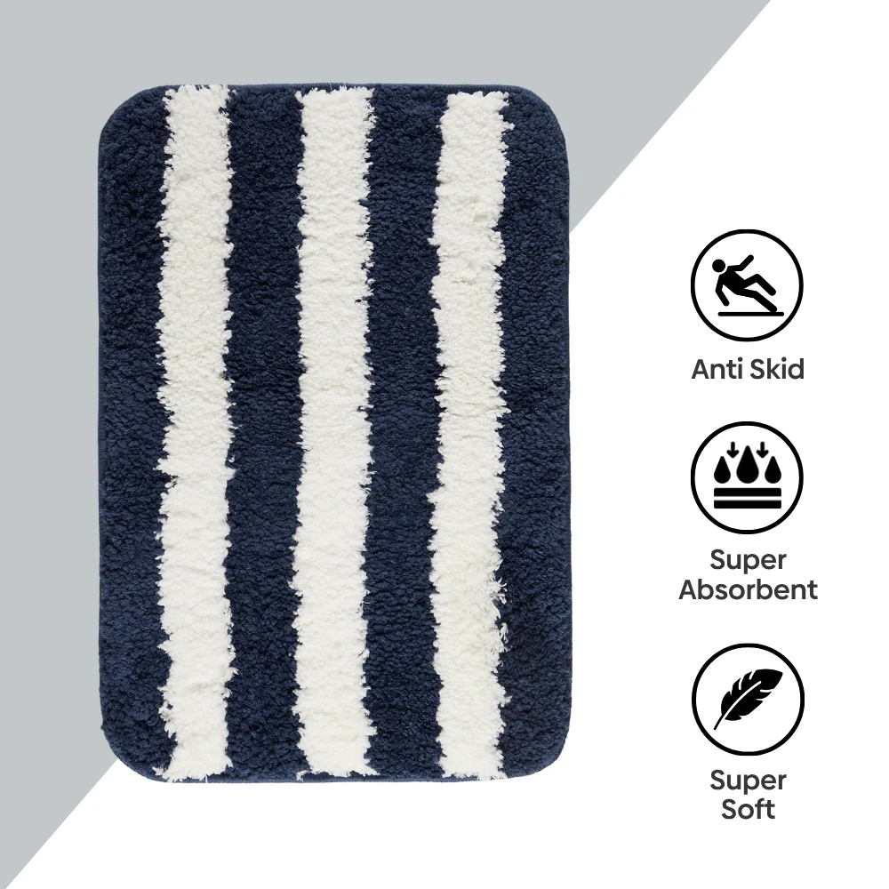 Plush Microfiber Stripe Bathmat, Dark Blue - Image 9