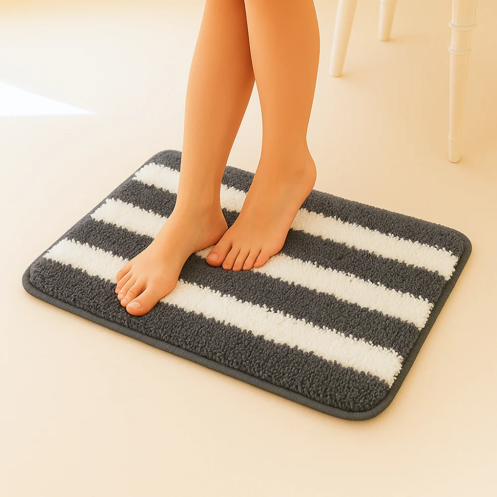 Plush Microfiber Stripe Bathmat, Grey - Image 7
